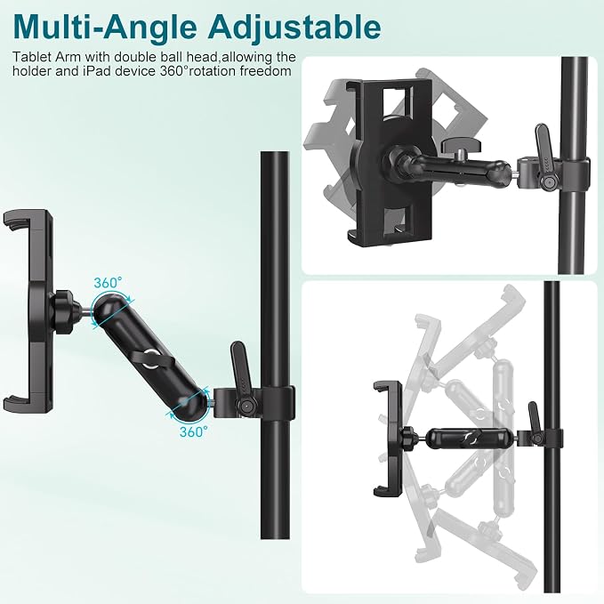 Mippko iPad Holder for Microphone Stand,Mic Music Stand Tablet Holder Mount,360°Adjustment Aluminium Alloy Arm Super Crab Clamp,Compatible with 4.7~12.9 inch iPad/Nexus/LG G Pads/Smartphones