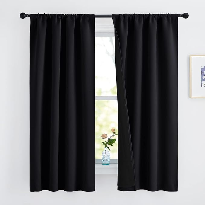 NICETOWN Complete 100% Blackout Curtains, Thermal Insulated & Energy Efficiency Window Draperies with Black Liner, Noise Reducing Drapes, Kids (Black, 42 inches W by 63 inches L, Double Panels,Adult)