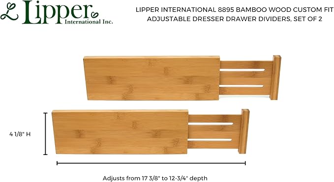 Lipper International 8895 Bamboo Wood Custom Fit Adjustable Dresser Drawer Dividers, Set of 2