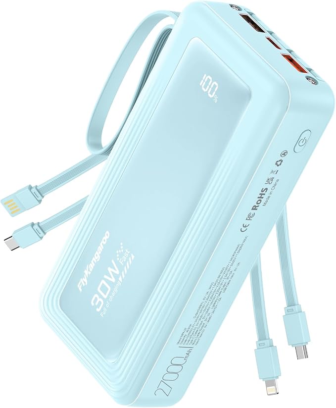 Portable Charger with Built-in Cables, 27000mAh Slim 22.5W Fast Charging Power Bank with LED Display, USB C Battery Pack 6 Outputs & 2 Inputs, Travel Essential Charger for iPhone, Samsung, Google etc