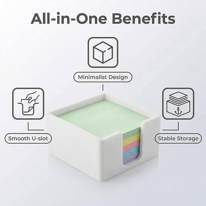 Silicone Sticky Note Holder for Desk - Modern 3x3 Inch Memo Pad Dispenser Post Note Holder, Minimalist Desk Storage Organizer for Office, Home, and School, White