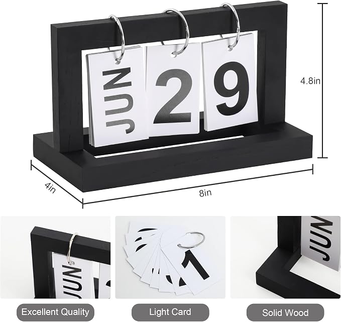 Perpetual Flip Desk Calendar- Small Cute Office Desktop Calendar with Memorial Day Tracking - Classic Black