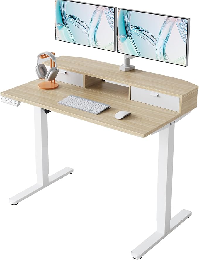 HUANUO 40 x 24 inch Small Electric Standing Desk with 2 Drawers, C-Clamp Mount Compatible, Height Adjustable Sit Stand Desk, Home Office Stand Up Desk with 4 Memory Height Settings, Light Walnut