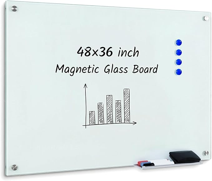 Magnetic Glass White Board 48 x 36, Tempered Frameless Dry Erase Board for Wall, Whiteboard for Office, Home & School