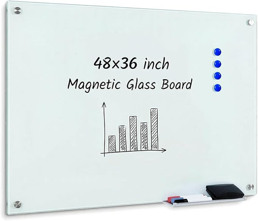 Magnetic Glass White Board 48 x 36, Tempered Frameless Dry Erase Board for Wall, Whiteboard for Office, Home & School