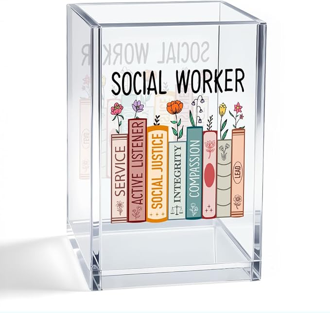 Social Worker Acrylic Organizer Pencil Pen Holder, Book-Themed Desk Organizer, Work Anniversary Social Work Month Gifts for Society Worker Counselor Book Lover, Graduation Gifts for Student