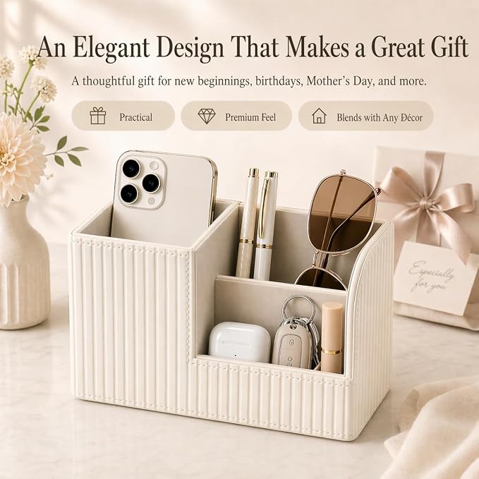 KINGFOM Desk Pen Organizer Office Supplies Caddy Pu Leather Multi-function Storage Box Pen/Pencil,Cell phone, Business Name Cards Remote Control Holder (Ivory White)