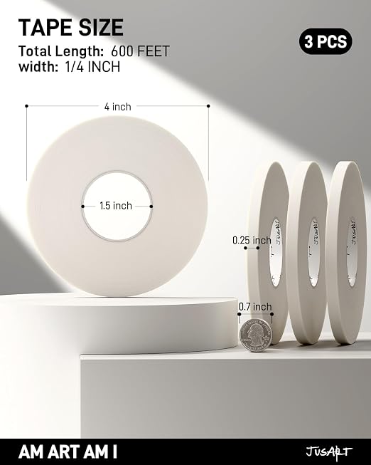 JusArt 3 Packs Artist Tape for Watercolor Paper, 1/4 inch Wide Total 600FT Long, White Art Tape for Masking, Framing and Drafting, Acid Free, Low Tack