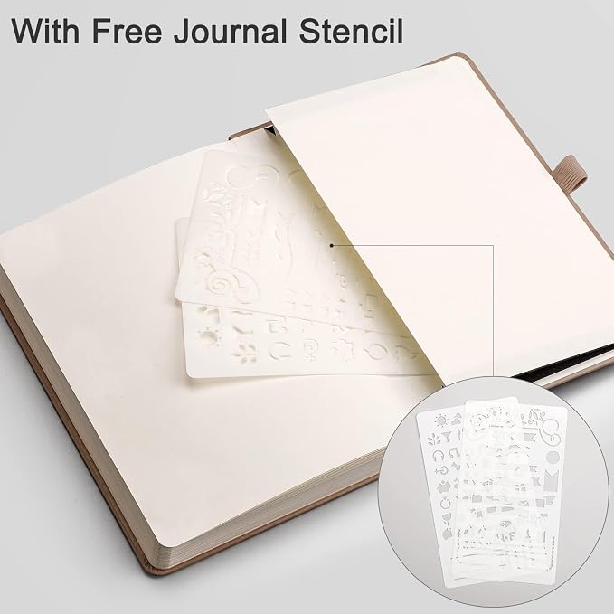 EMSHOI Dotted Journal Notebook, 256 Pages, 120 GSM Thick Paper, A5 Small 5.75"x8.38", PU Leather Hardcover, 5mm Dot Grid Notebook for Journaling, Planning, Drawing, Writing, Khaki