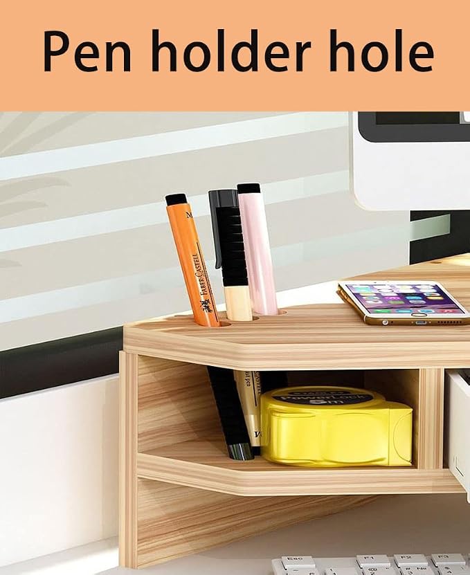Triangle Monitor Stand Riser,Cut Triangle Save Space Desktop Corner,Desktop corner shelf with drawers wooden computer stand with storage laptop risers office organization. (Have drawers)
