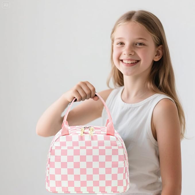 Bluboon Teen Girls School Backpack Kids Bookbag Set with Lunch Box Pencil Case Travel Laptop Backpack Casual Daypacks (Pink white checkered)