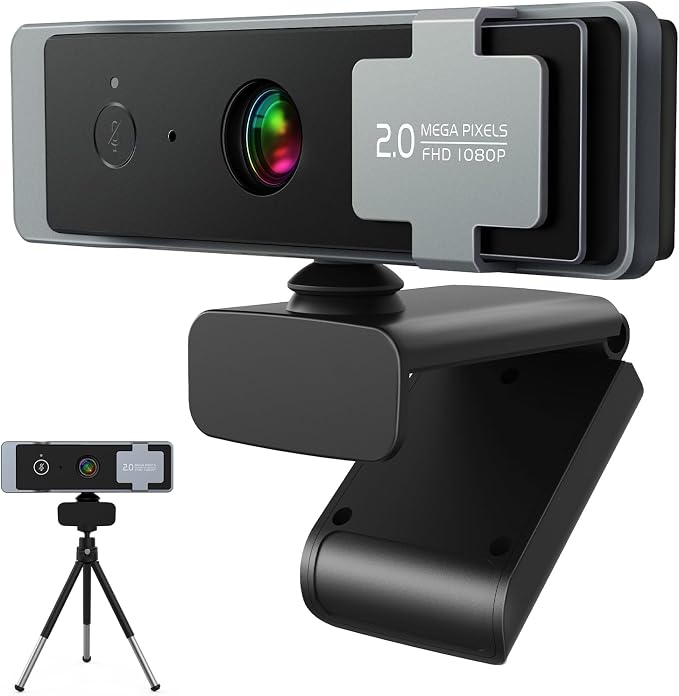 1080P Webcam for PC, Computer Camera with Privacy Cover & Tripod, Dual Noise-Cancelling Microphones, Ideal for Zoom, Skype, Video Calls & Conferences