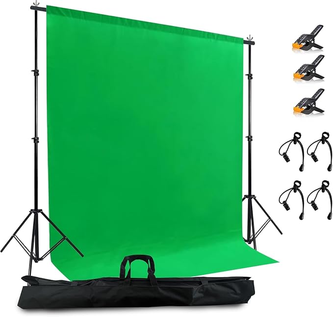 2 in 1 Green Backdrop Stand Kit, 6.5x6.5 ft Portable Dual Rod Stand kit with 6x7ft Green Backdrop-Premium Polyester for Video Streaming, Portrait Photoshoot, Wall Mounted, Parties