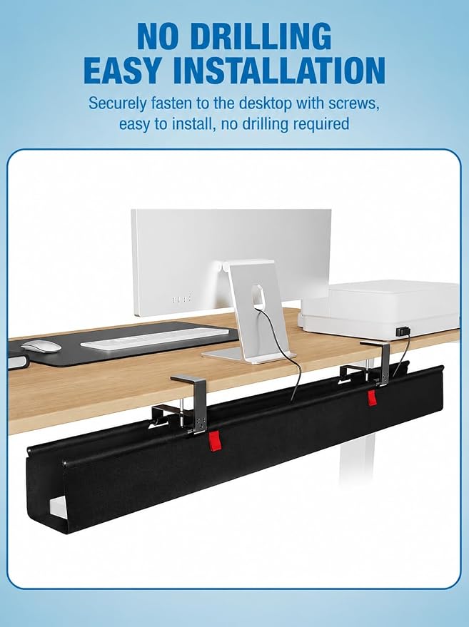 No Drill Under Desk Cable Management Tray, 90cm Cord Organizer for Table, Clamp/Screw Mount Desk Cable Management