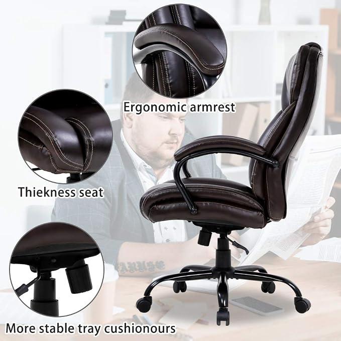 Big & Tall Executive Office Chair Heavy Duty 500LBS Computer Desk Chair Ergonomic High Back Task Rolling Swivel Chair with Lumbar Support Armrest PU Leather Classic Executive Chair for Adult, Brown