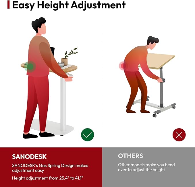SANODESK 24''Standing Desk Pneumatic Height Adjustable Mobile Overbed Table | Desk Laptop Desk,Bedside Table,Computer Cart for Home Office Computer Workstations Small Spaces,23.6" W x 13.8" D,Maple