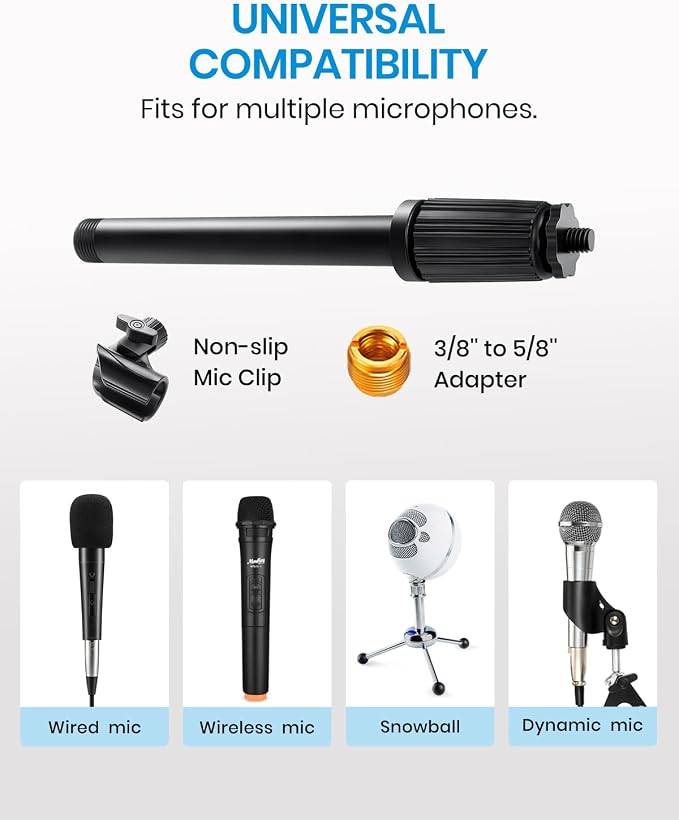 Moukey Mic Stand Desk Adjustable Tabletop Microphone Stand with Non-Slip Mic Clip, Short Table Mic Stand with Gear Fixing, Boom Arm, 3/8" and 5/8" Adapter, MMs-5