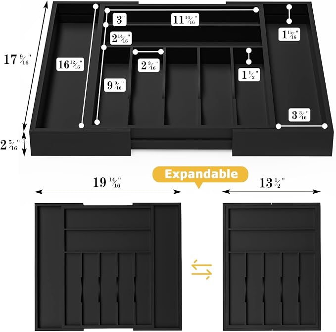 Utensil Organizer Silverware Drawer Organizer - Bamboo Expandable Cutlery Tray with Dividers for Utensil Holder Office Storage Makeup Desk Drawer Tool Organization W13.5"-19.5" x L17.5" x H2.5"(Black) | Expandable