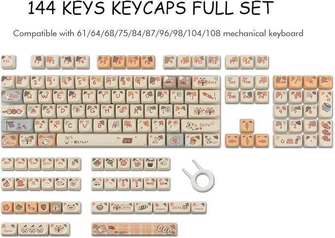 PBT Keycaps 144 Keys Cute Keycaps Dye-Sublimation Sushi Cat Keycap Mao Profile Custom Keycap for Cherry Gateron MX Swithes Mechanical Keyboards