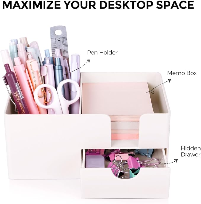 SKYDUE Small Desk Organizer with Drawer | 3 Compartments, Pen Holder for Desk, For Home, School, Office & College Dorm Room