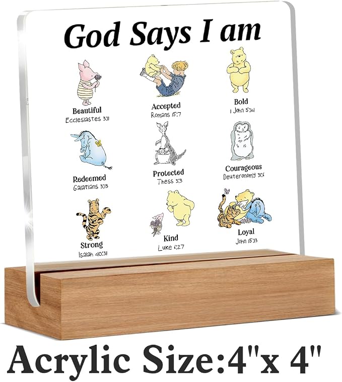 Pooh Bear Gifts for Women Christian Gifts Inspirational Gift God Says Pooh Clear Desk Decorative Sign Acrylic Sign With Wooden Stand for Office Desk Table Shelf