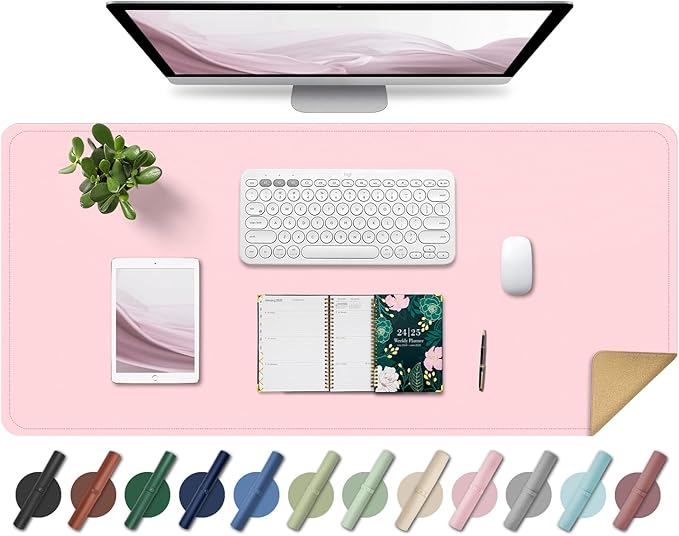 Non Slip Desk Mat, 31.5" x 15.7" PU Leather Desk Pad, Cork Desk Mat for Desktop, Desk Pad for Keyboard and Mouse, Ideal for Office and Home, Pink
