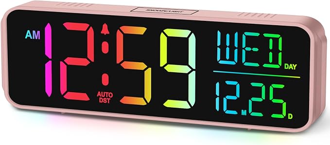 Peakeep Large Display Digital Alarm Clock for Bedroom with Date Day of Week | Colorful Calendar Desk Clocks for Living Room Office Kids, Dimmable Electric Clock Battery Backup, USB Port, Auto DST