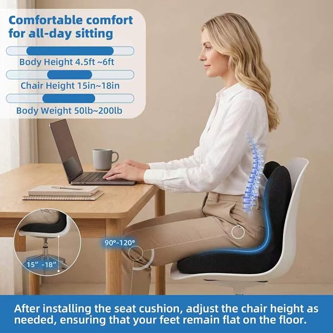 Seat Cushion, Office Chair Cushion with Lumbar Support Pillow, Memory Foam Car Cushions, for Long Sitting, Tailbone & Back Pressure Relief,Sciatica Pad for Office, Car, Home Chairs