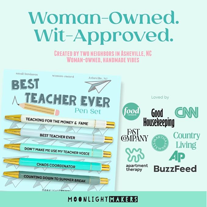 Moonlight Makers Funny Pens — Cute Pens for Teachers, Snarky Black Ink Ballpoint with Sayings, Fine Point Office Desk Accessories for Women and Coworkers Gift Ideas, Set of 5, Best Teacher Ever