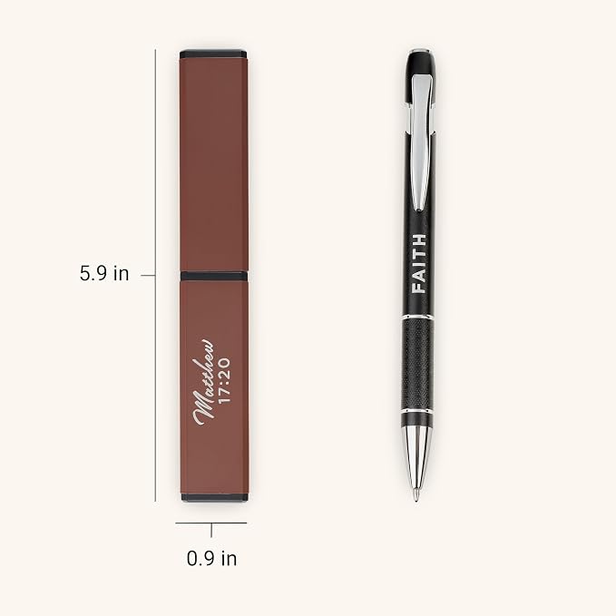 Christian Art Gifts Premium Medium Ballpoint Retractable Scripture Pen in Brown Protective Case for Men & Women: Faith Encouraging Bible Verse, Refillable Ink, Pocket Clip, Sturdy Metal, Black/Silver