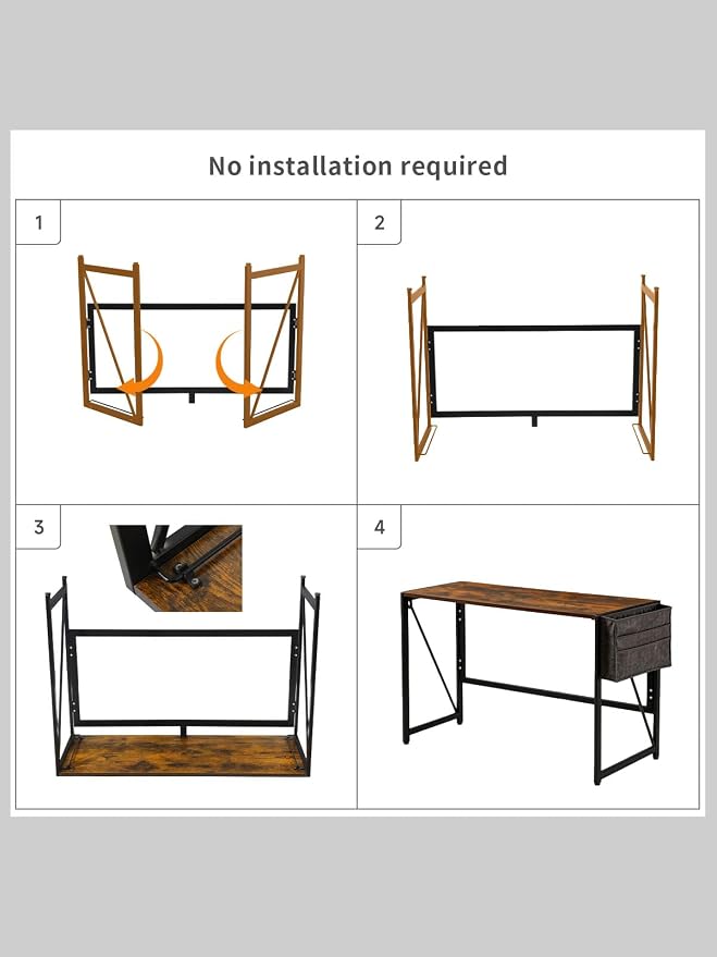 Modern Foldable Writing Computer Desk with Storage Bag, No-Assembly Study Office Desk for Small Spaces, Home Office, Rustic Brown, 39.4 inch