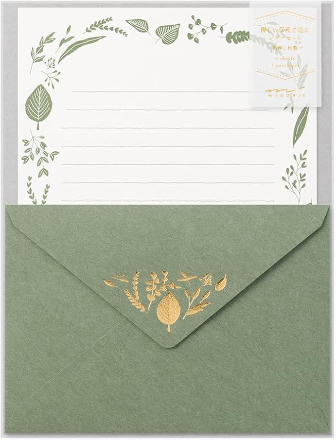 Midori 86507006 Letter Set Foil Stamped Envelopes, Leaf Pattern