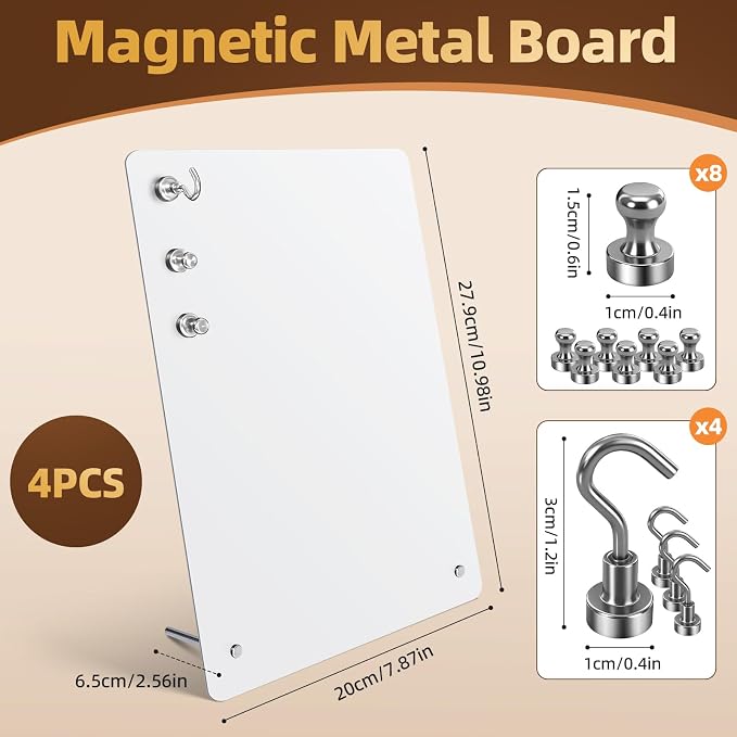Magnetic Metal Display Bulletin Board, White, 4 Pack, 11x8 Inch | Includes 12 Magnets, For Memos Messages Photos, Home School Kitchen Office Use, Vertical Orientation