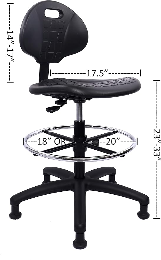 Heavy Duty Durable Drafting Stool - Easy to Clean! Ergonomic Polyurethane Chair. Seat Height Adjustable w/Footring for Home, Automotive, Lab, Cleanroom (Non-Rolling Glides, Tall Stool).