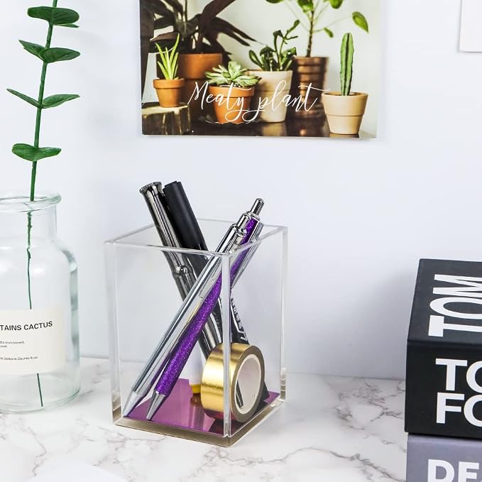 MEI YI TIAN Clear Acrylic Pencil Pen Holder Cup Colorful Rainbow Bottom Desk Organizer Makeup Brushes Holders for Office School Home Desktop Organizers Supplies