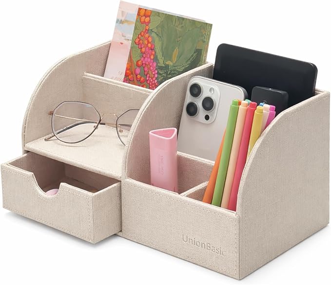 UnionBasic Desk Organizer - Multifunctional Leather Desktop Pen Holder Storage Box - Business Card/Pen/Pencil/Mobile Phone/Stationery Holder, Beige
