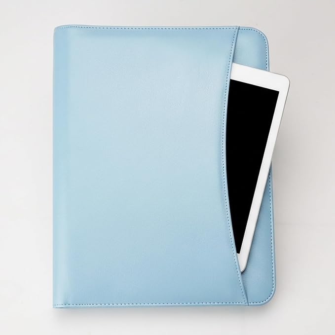 OOWOLF Padfolio Portfolio Folder, PU Leather Professional with 1 inch 3 Ring Binder 8.5 x 11 Letter Size Writing Pad Interview Resume Document Organizer Business Card Holder Zippered Closure Blue
