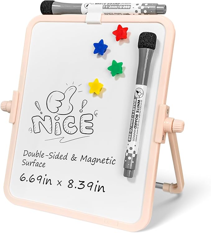 Colorful Dry Erase White Board 6.7x8.4in, Magnetic Desktop Board with Stand, 2 Markers (Eraser Head), 4 Magnets - Double-Sided Easel for Daily Planning, Memo, Office/Home/School (Pink)