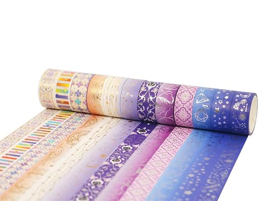 YUBBAEX Galaxy Washi Tape Set Purple Stars Decorative Tapes Silver Gold Foil Masking for Arts, DIY Crafts, Journal Supplies, Planners, Scrapbook, Gift Wrapping (Purple Night 12 Rolls)