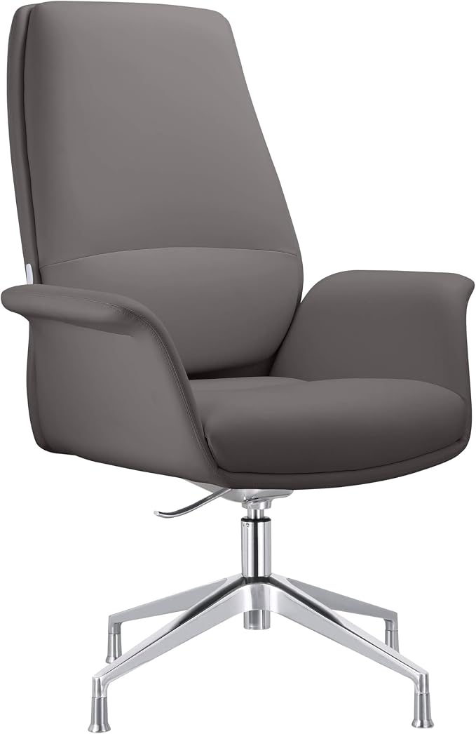 LeisureMod Mid-Century Modern Swivel Office Chair, Adjustable Height with Faux Leather Seat and Aluminum Frame, Grey