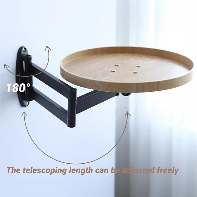 Wall Mounted Folding Table Round Floating Desk for Wall Small Wood Bedside Folding Wall Desk with Retractable Shelf for Bedroom Living Room Study (White Oak, 11.8in(30cm))