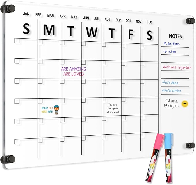 Large Acrylic Calendar for Wall, 24" X 16" Black Clear Acrylic Wall Calendar, Clear Wet & Dry Erase Calendar Hanging Frameless Monthly Planner for Office, Home or School, 2 Markers