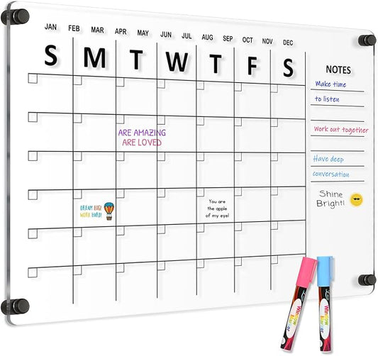 Large Acrylic Calendar for Wall, 24" X 16" Black Clear Acrylic Wall Calendar, Clear Wet & Dry Erase Calendar Hanging Frameless Monthly Planner for Office, Home or School, 2 Markers