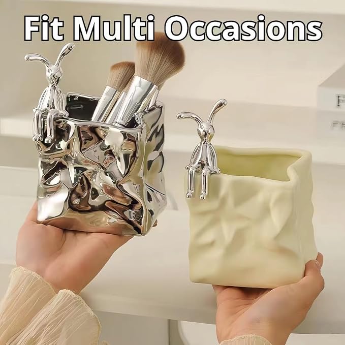 Irregular Aesthetic Pen Holder for Desk Bunny Designer Cute Office Supplies Cubicle Decor Kawaii Workspace Accessories Boho Makeup Organizer Pencil Cup Caddy for Home Office (Yellow B)