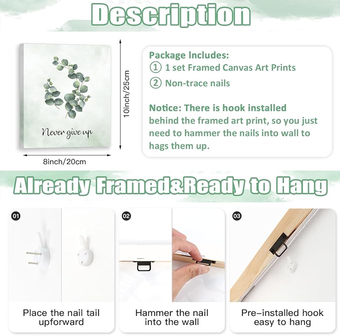 CHDITB Inspirational Plant Art Office Decor, Positive Affirmations Wall Decor, Botanical Canvas Motivational Framed Wall Art,Set Of 6(8x10 Inch) Eucalyptus Leaves Sage Poster For Classroom Home Decor