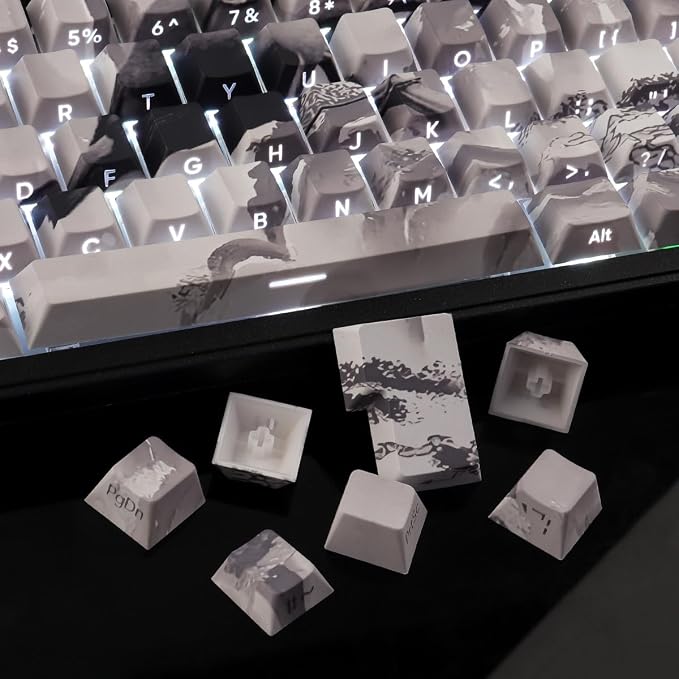 Tsungup PBT Side Print Keycaps,135 Keys Dye Sub Shine Through Keycap Set,Gray White Inked Bird Custom Key caps Cherry Profile Keycaps for Cherry MX Switches Mechanical Keyboards