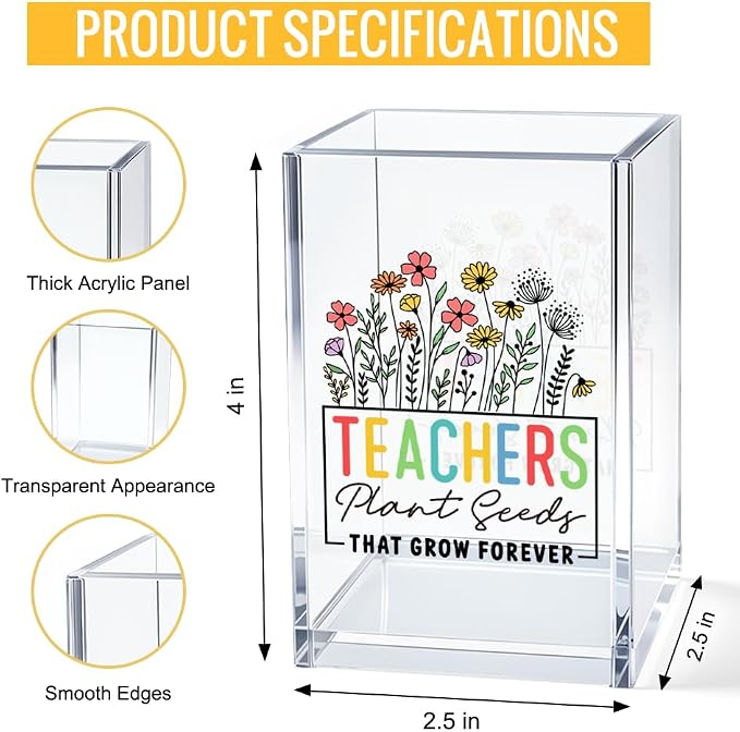 Teachers Plant Seeds That Grow Forever Acrylic Cosmetic Pencil Pen Bookmark Storage Holder Cup, Funny Wildflower Holder Cup Gifts for Women Teacher Mentor Professor, Teacher Thank You Gifts