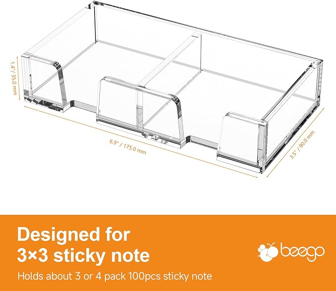 BEEGO Sticky Note Organizer - 3x3 in 2IN1 Crystal Clear Acrylic Notepad Holder Acrylic Sticky Note Dispenser Cute Memo Holder (NO Pads) for Dorm Room Office Desk Organization
