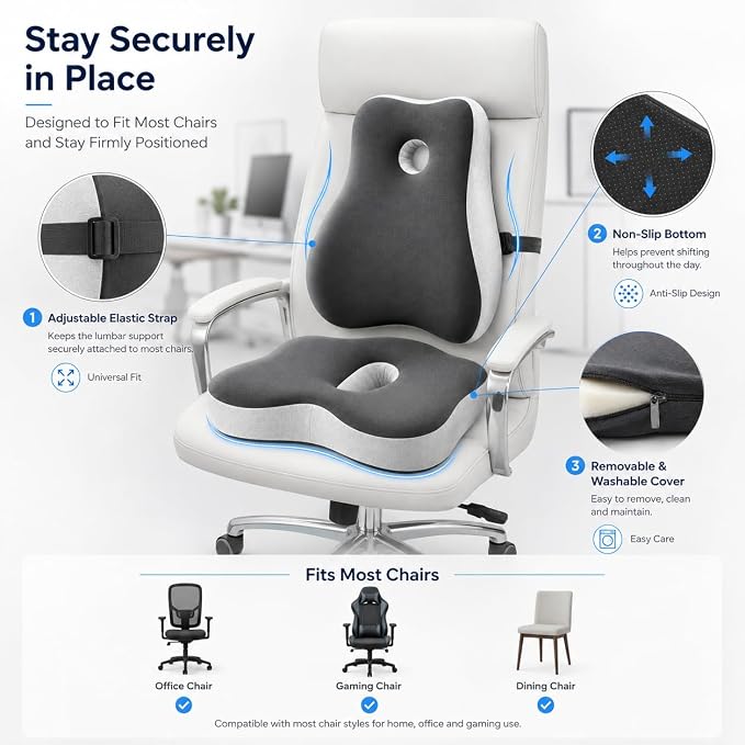 Ergonomic Memory Foam Seat Cushion & Lumbar Support Pillow Set, Coccyx Cushion for Tailbone Pressure Relief, Sciatica Relief & Lower Back Support, Office Chair, Gaming Chair, Car Seat, Wheelchair