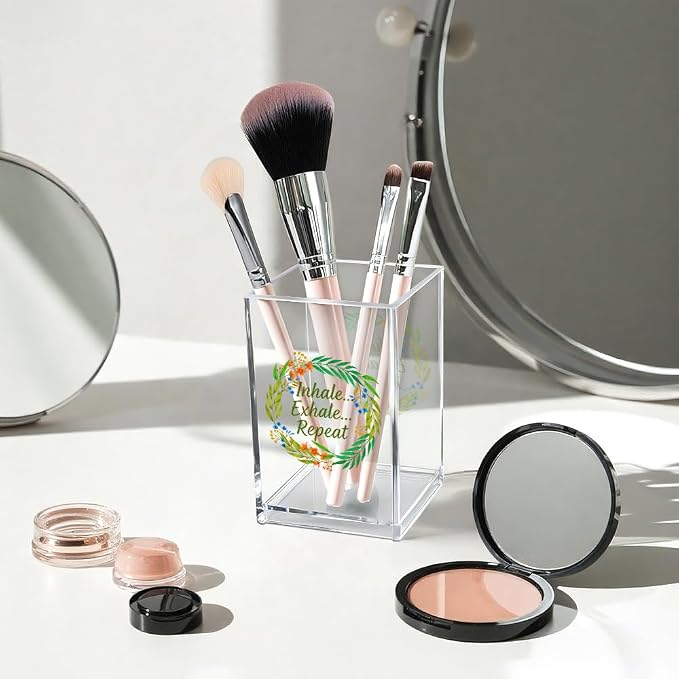 Inhale Exhale Repeat Acrylic Cosmetic Pencil Pen Holder Cup, Inspirational Desk Organizer Accessories for Home Office Meditation Room Decor, Motivational Gifts for Women Girl Yoga Lover Coworker